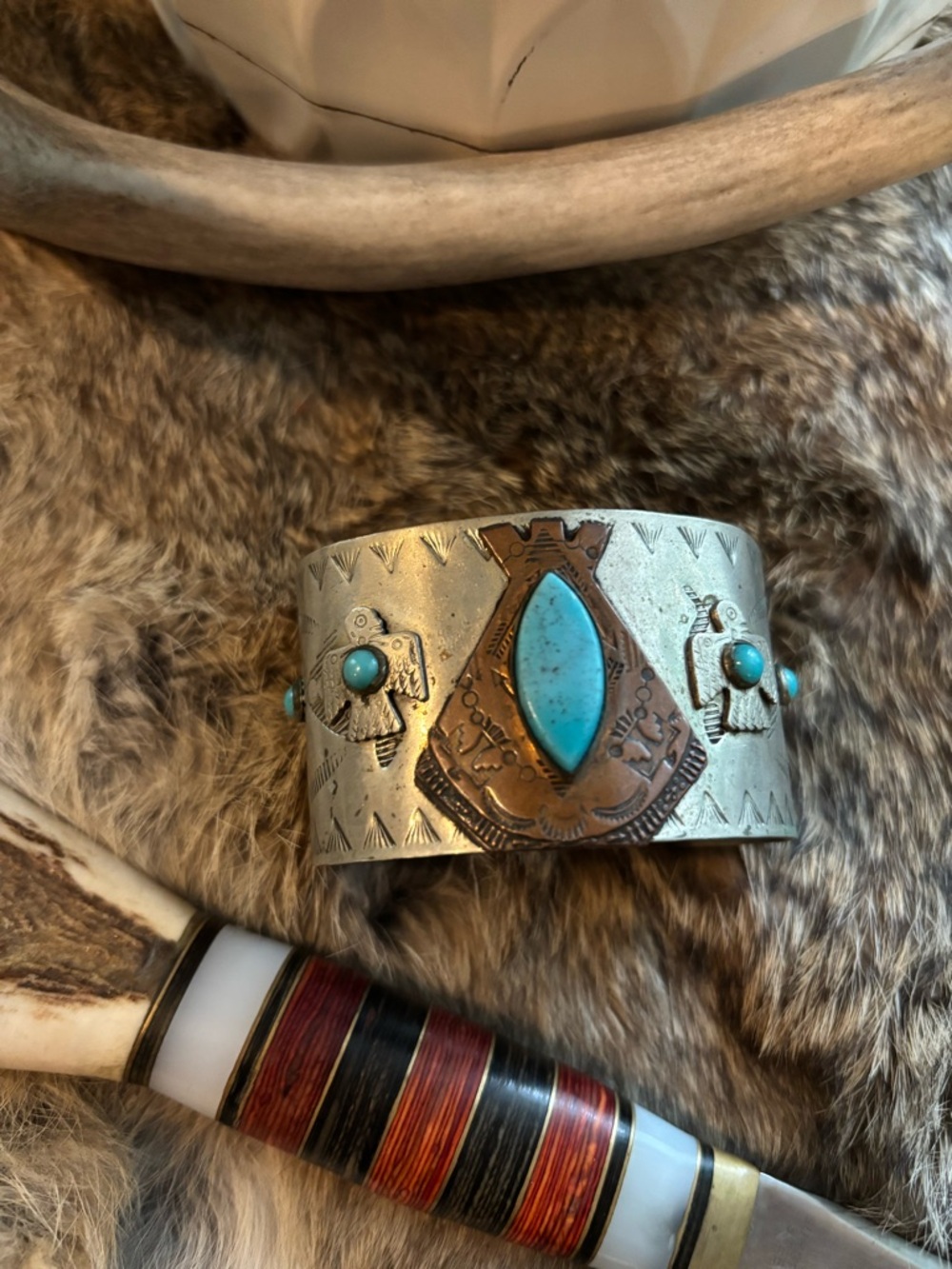 Southwestern Navajo Silver Cuff with Turquoise stones and thunderbird designs